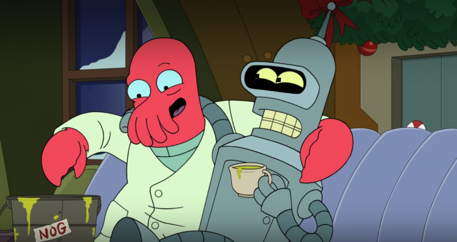 John DiMaggio as Bender and Billy West as Zoidberg drinking nog on sofa with arms around each other in Futurama